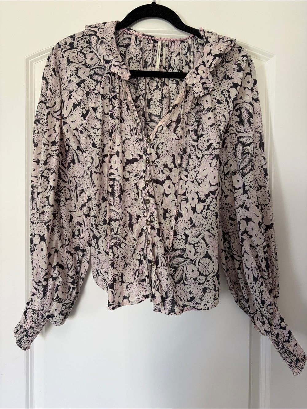 Anthropologie Pale Pink & Black Floral Button-Front Blouse